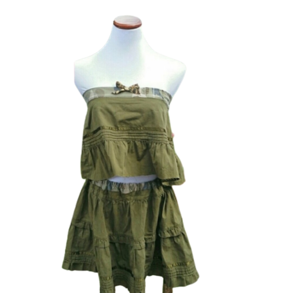 Skirt Set Strapless Camo and Olive Tiered Summer 420 Festival Sz 10